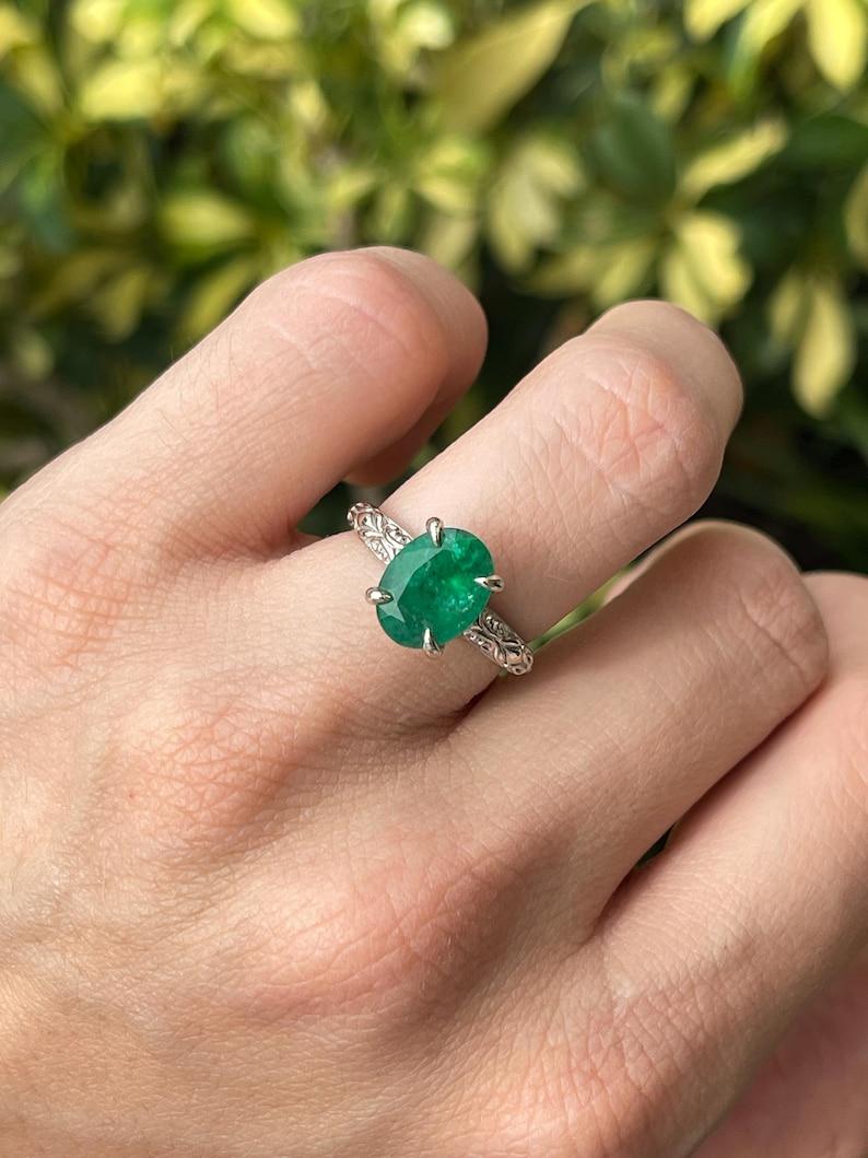 Oval Cut 3.11ct 14K Dark Green Oval Emerald Solitaire Ring - Vintage Floral White Gold For Sale