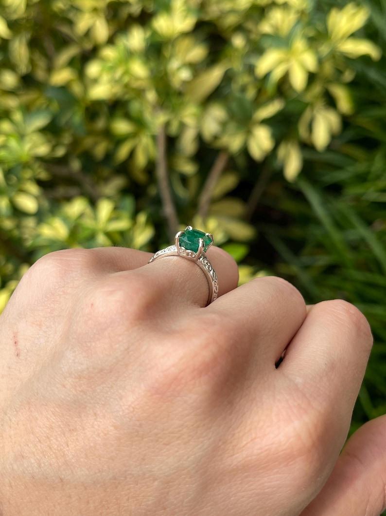 3.11ct 14K Dark Green Oval Emerald Solitaire Ring - Vintage Floral White Gold In New Condition For Sale In Jupiter, FL