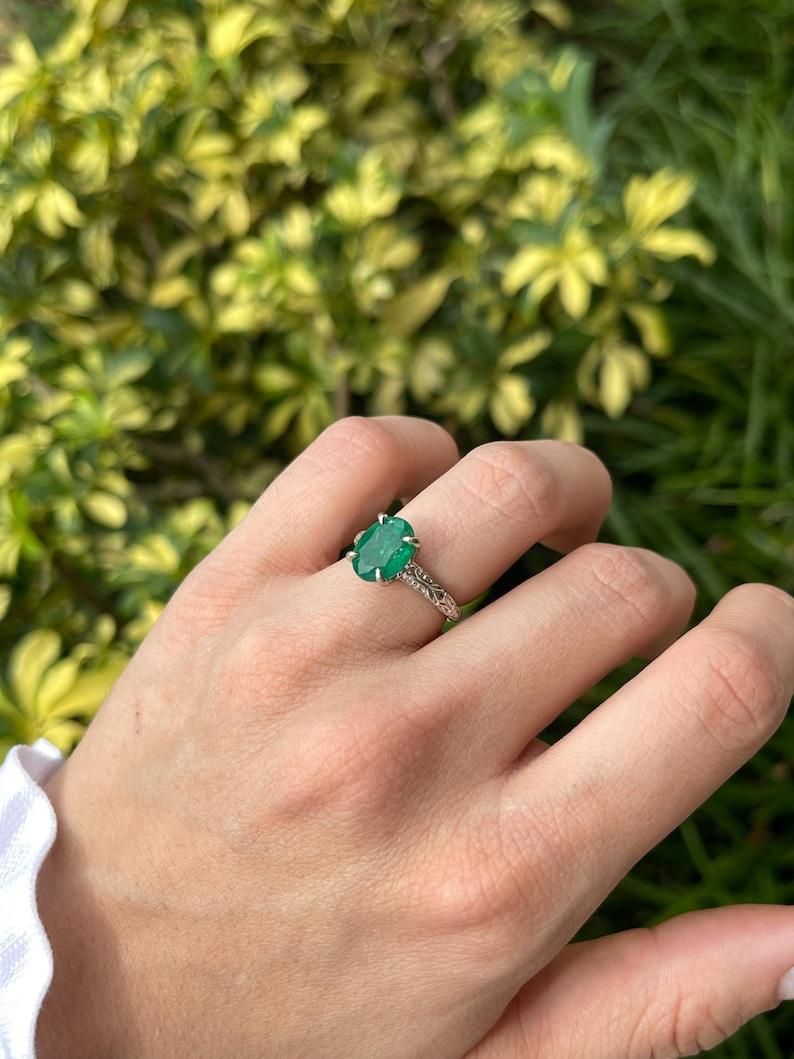 Women's 3.11ct 14K Dark Green Oval Emerald Solitaire Ring - Vintage Floral White Gold For Sale