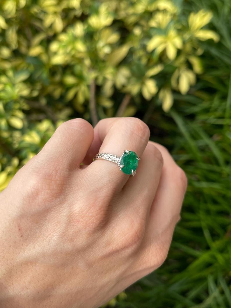 3.11ct 14K Dark Green Oval Emerald Solitaire Ring - Vintage Floral White Gold For Sale 1