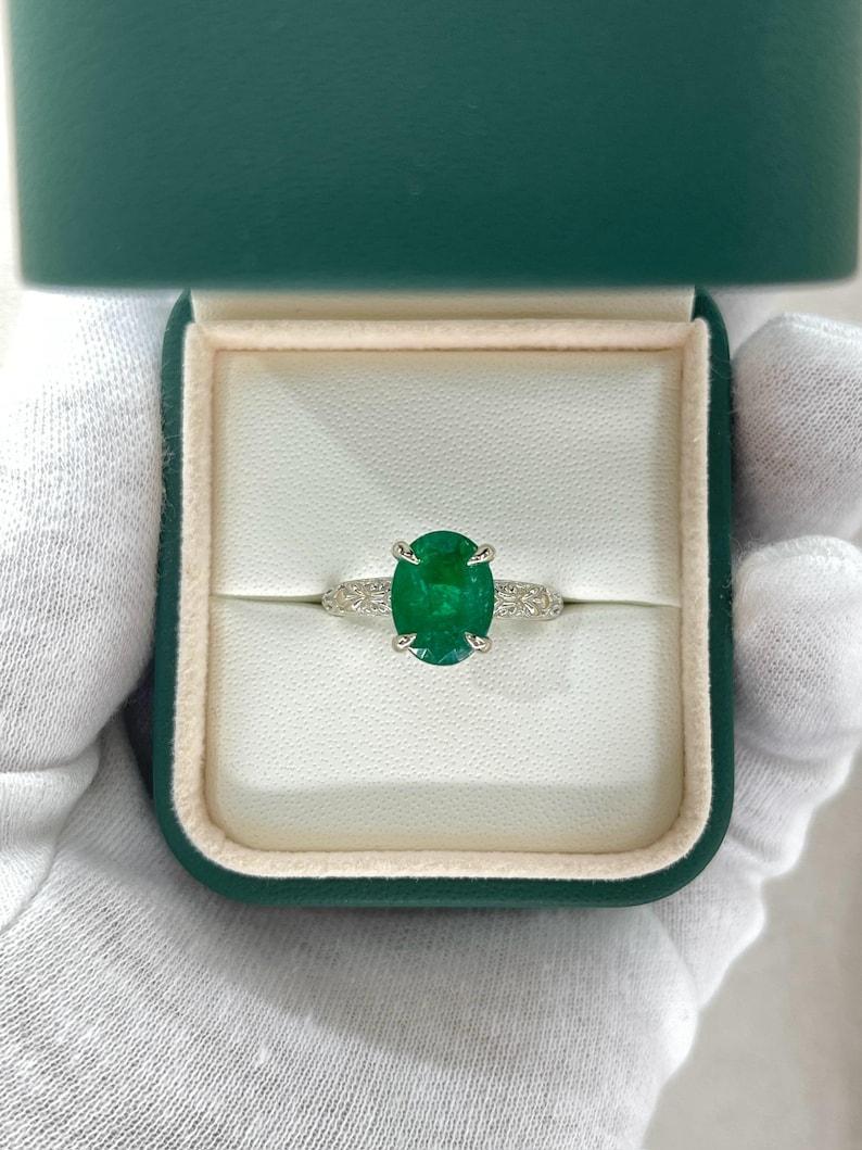 3.11ct 14K Dark Green Oval Emerald Solitaire Ring - Vintage Floral White Gold For Sale 2