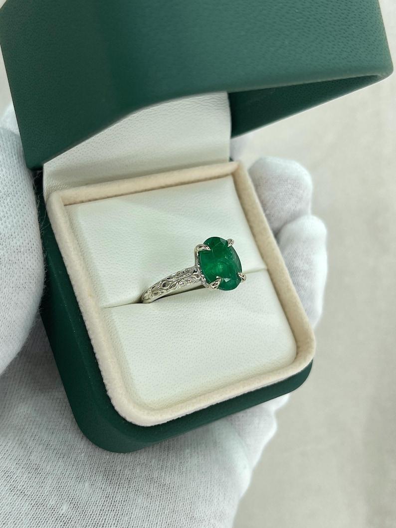 3.11ct 14K Dark Green Oval Emerald Solitaire Ring - Vintage Floral White Gold For Sale 3