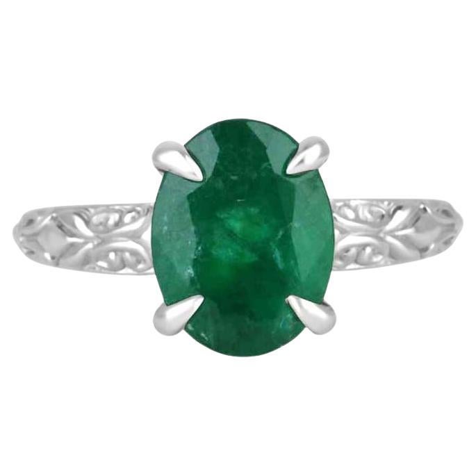 3.11ct 14K Dark Green Oval Emerald Solitaire Ring - Vintage Floral White Gold For Sale