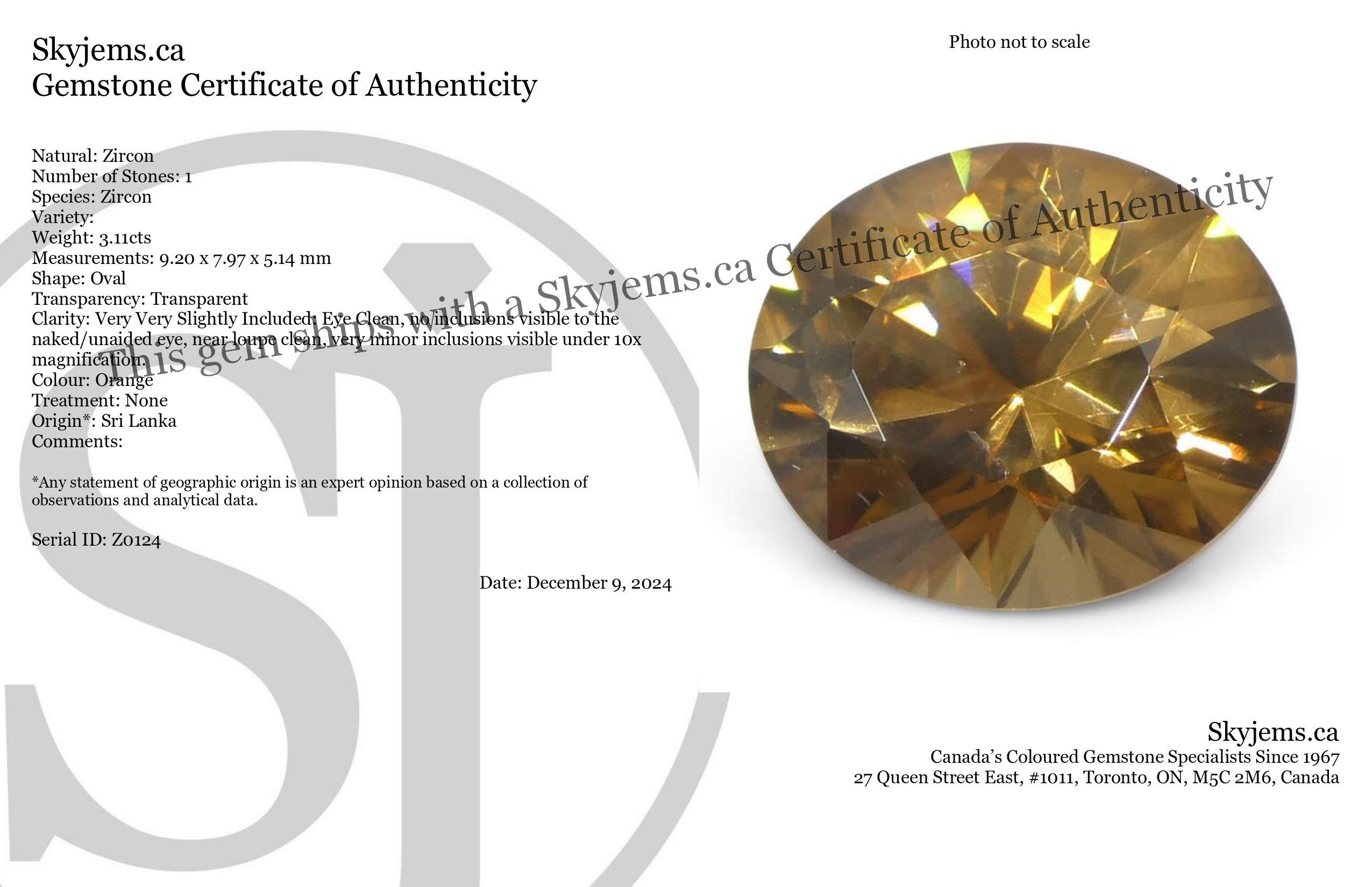 Descripción:

Tipo de gema: Circón 
Número de Piedras: 1
Peso: 3,11 cts
Medidas: 9,20 x 7,97 x 5,14 mm 
Forma: Oval
Estilo de corte Corona: Brillante
Pabellón Cutting Style: Brillante 
Transparencia: Transparente
Claridad: Muy Muy Ligeramente