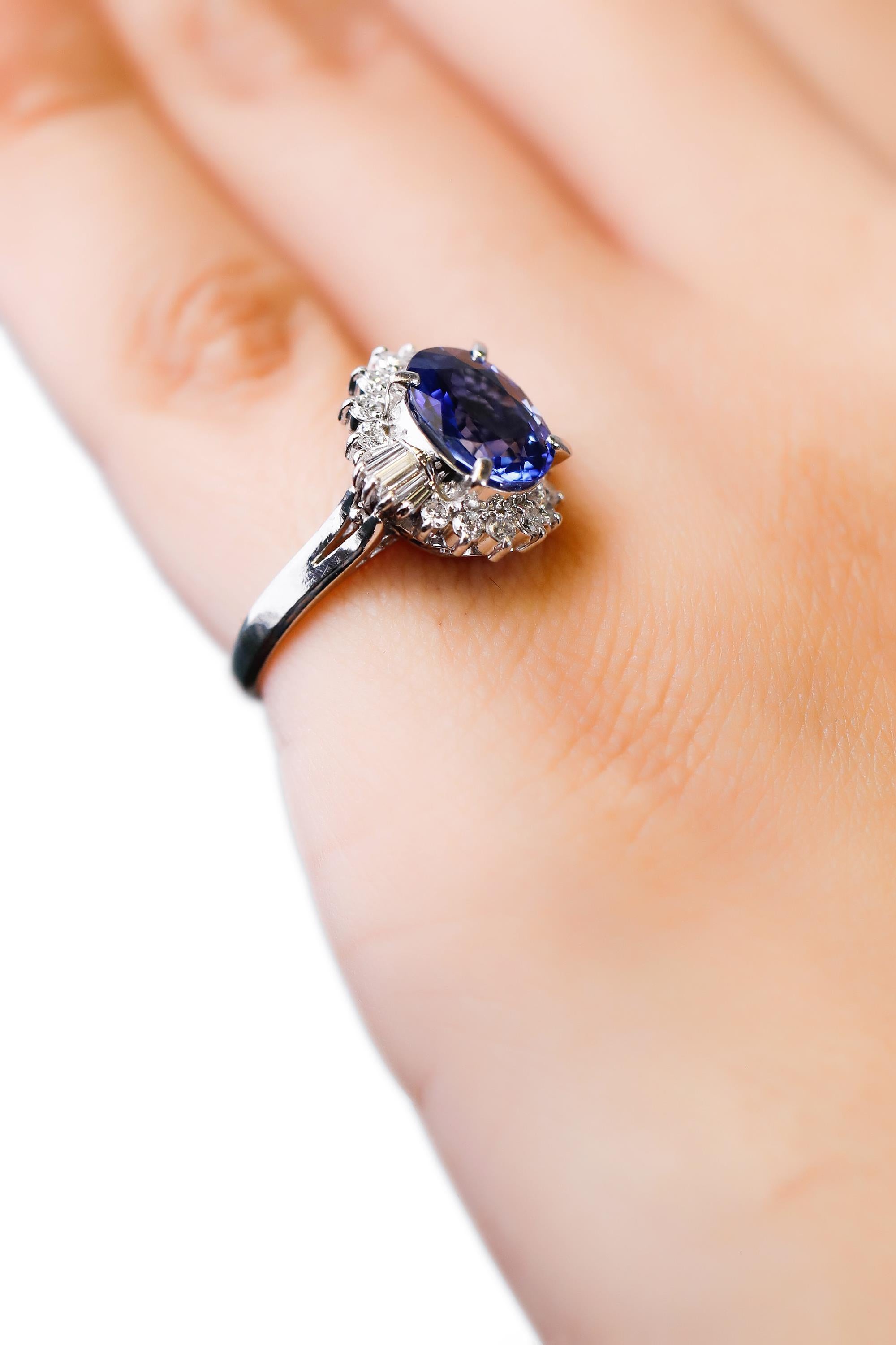 Oval Cut 3.11 Carat Oval Blue Sapphire 0.61 Carat Diamond Platinum Halo Ring Engagement For Sale