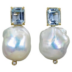 3.12 Carat Aquamarine Freshwater Baroque Pearl 14 Karat Gold Stud Drop Earrings