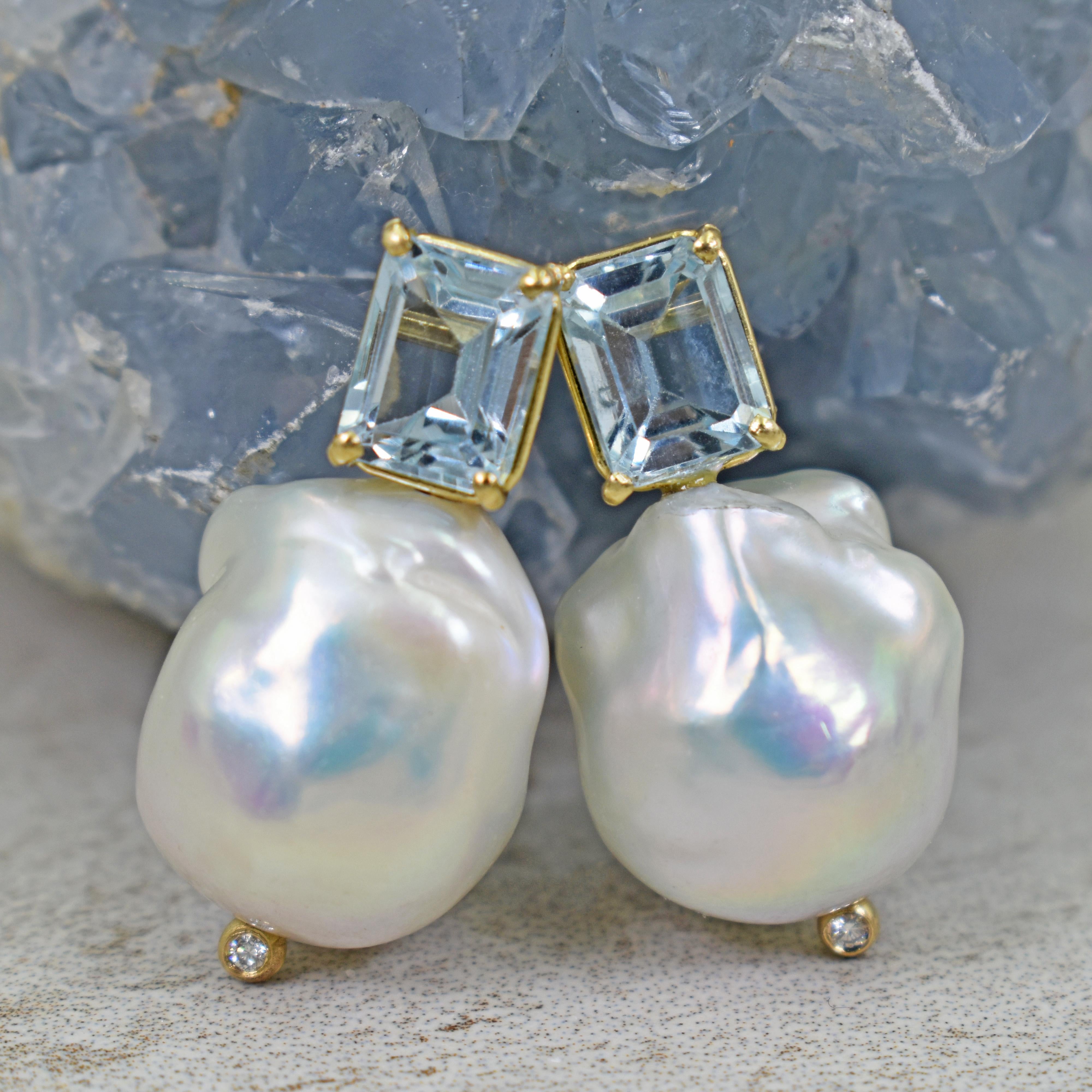 3.12 Carat Aquamarine Freshwater Baroque Pearl 14 Karat Gold Stud Drop Earrings In New Condition In Naples, FL