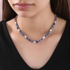 31.2 Carat Blue Sapphire 6.45 Carat Diamond Necklace 18 Karat White Gold Jewelry