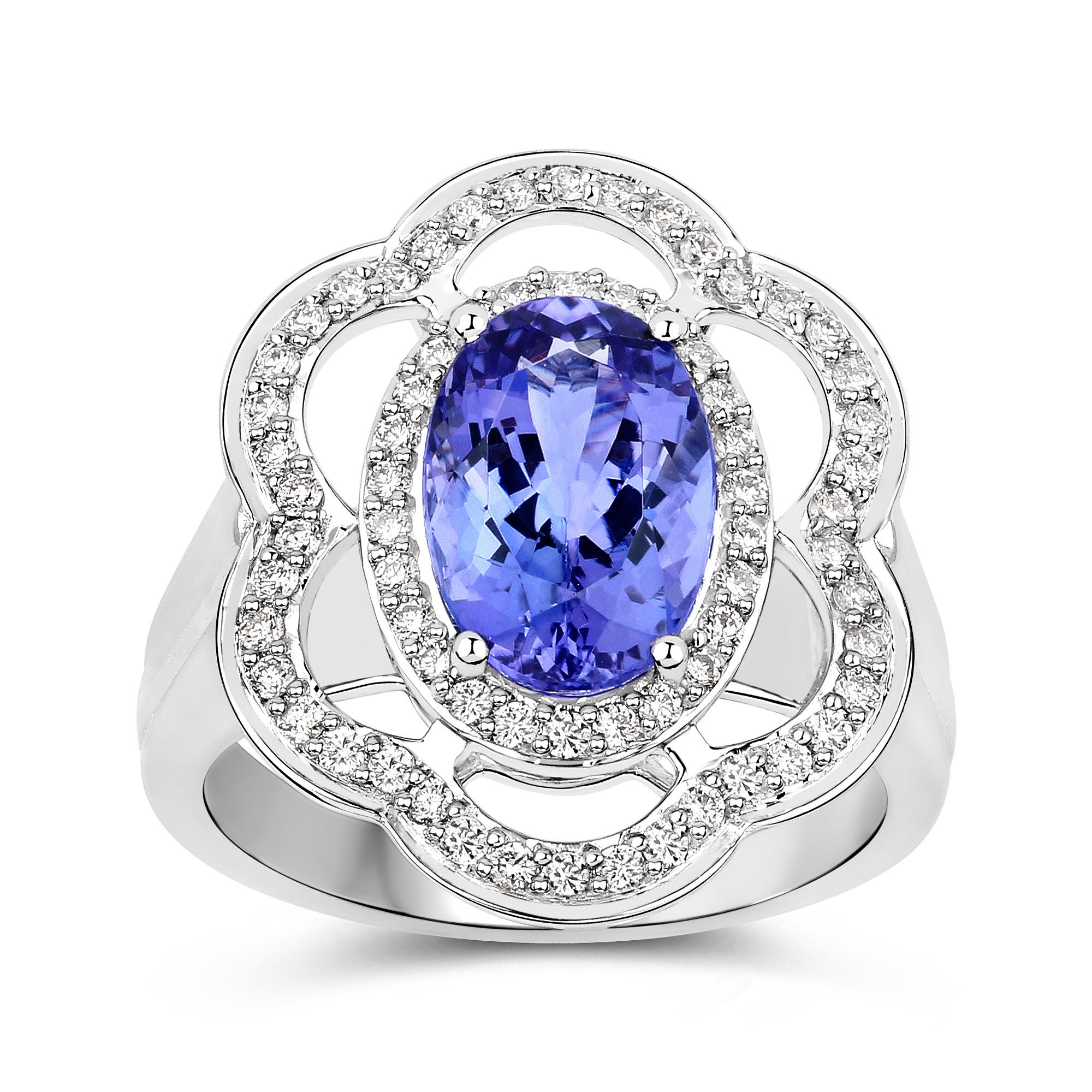 3.12 Carat Oval-shaped Tanzanite and 0.51 Carats White Diamond 14 Karat White Gold Ring

Center Stone Details:
Stone: Tanzanite
Shape: Oval
Size: 11.05x7.40mm
Weight: 3.12 carat

Diamond Details:
Shape: Round Brilliant (78)
Carat Weight: 0.51