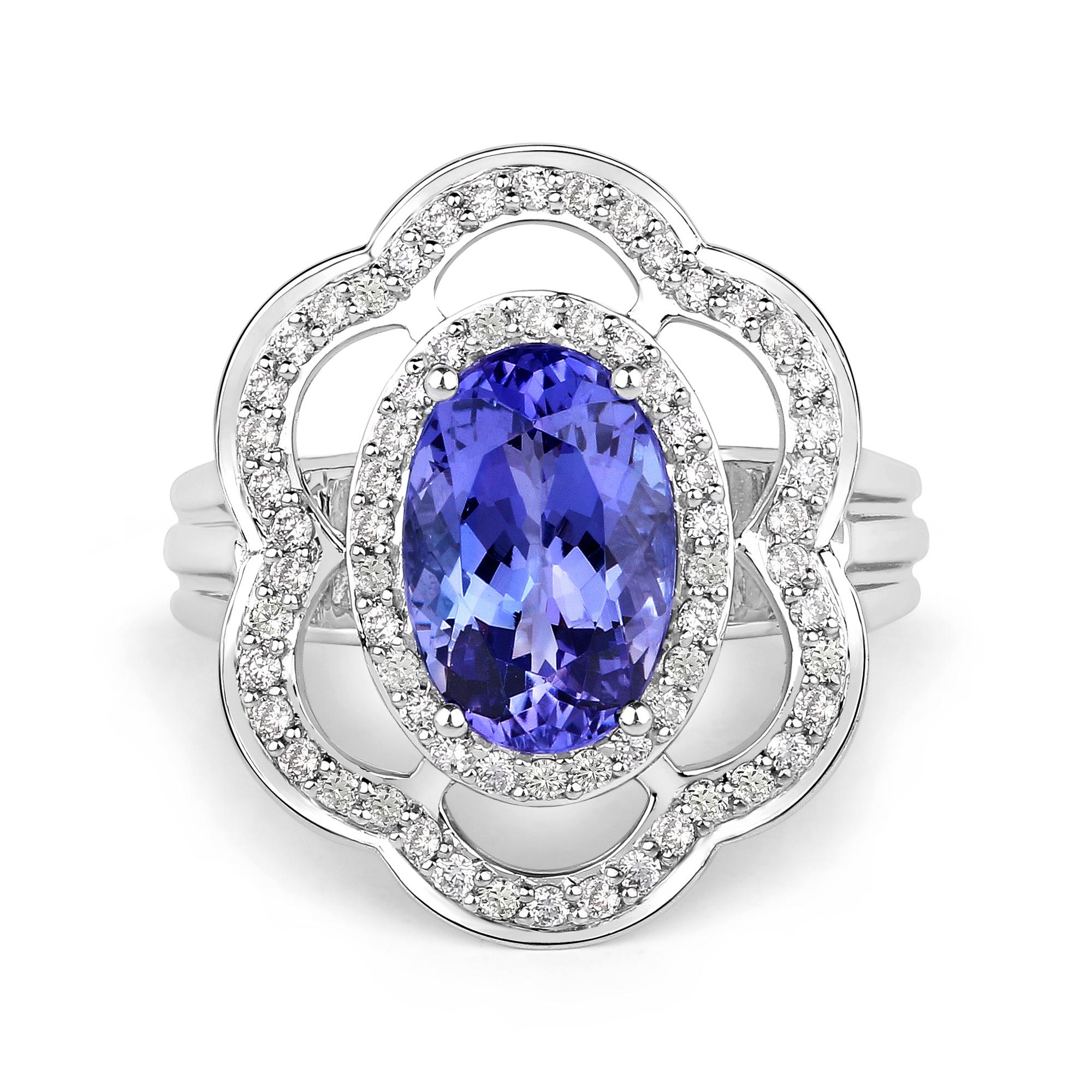 Oval Cut 3.12 Carat Genuine Tanzanite and White Diamond 14 Karat White Gold Ring