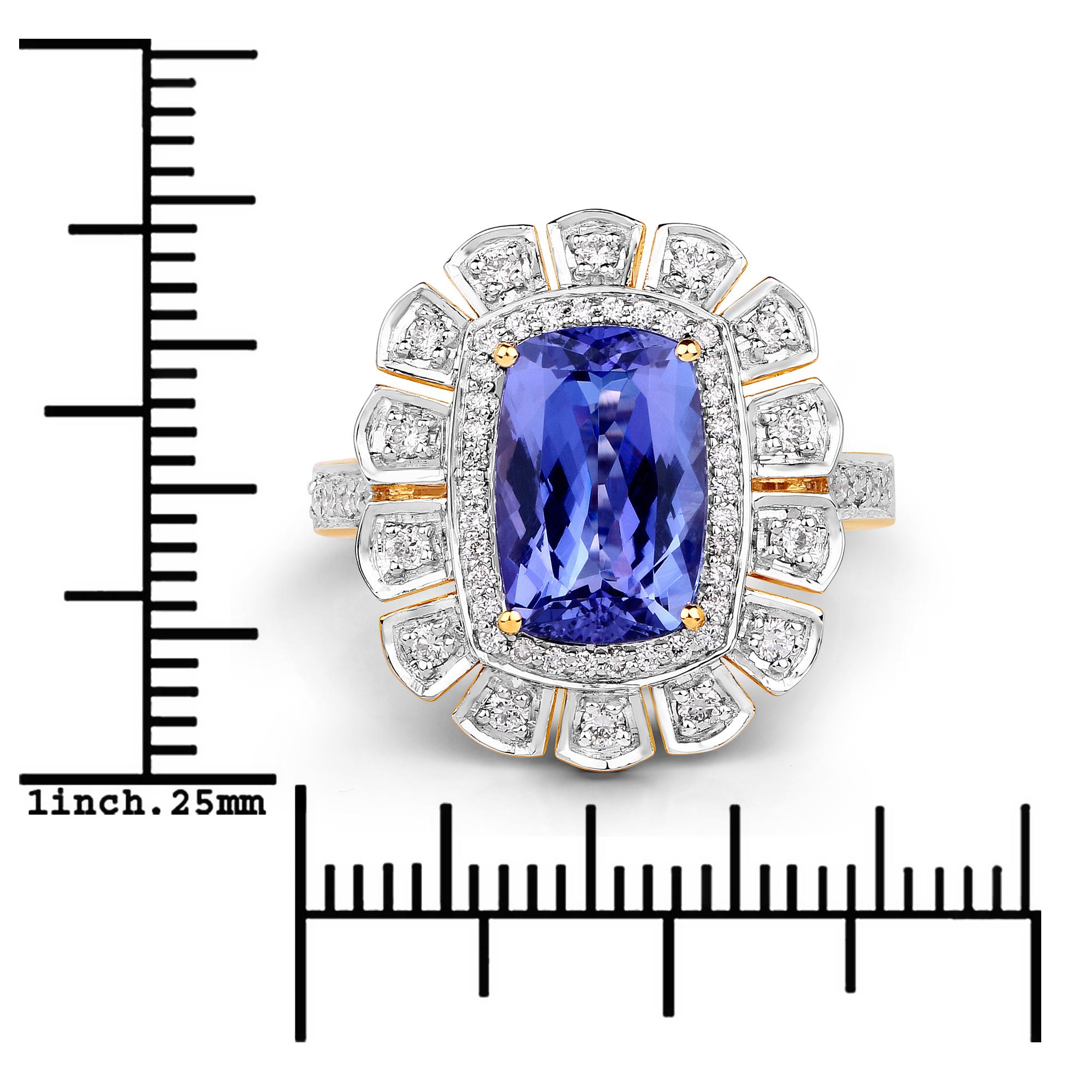 3.12 Carat Genuine Tanzanite and White Diamond 14 Karat Yellow Gold Ring In New Condition In Great Neck, NY