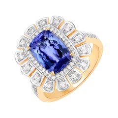 3.12 Carat Genuine Tanzanite and White Diamond 14 Karat Yellow Gold Ring