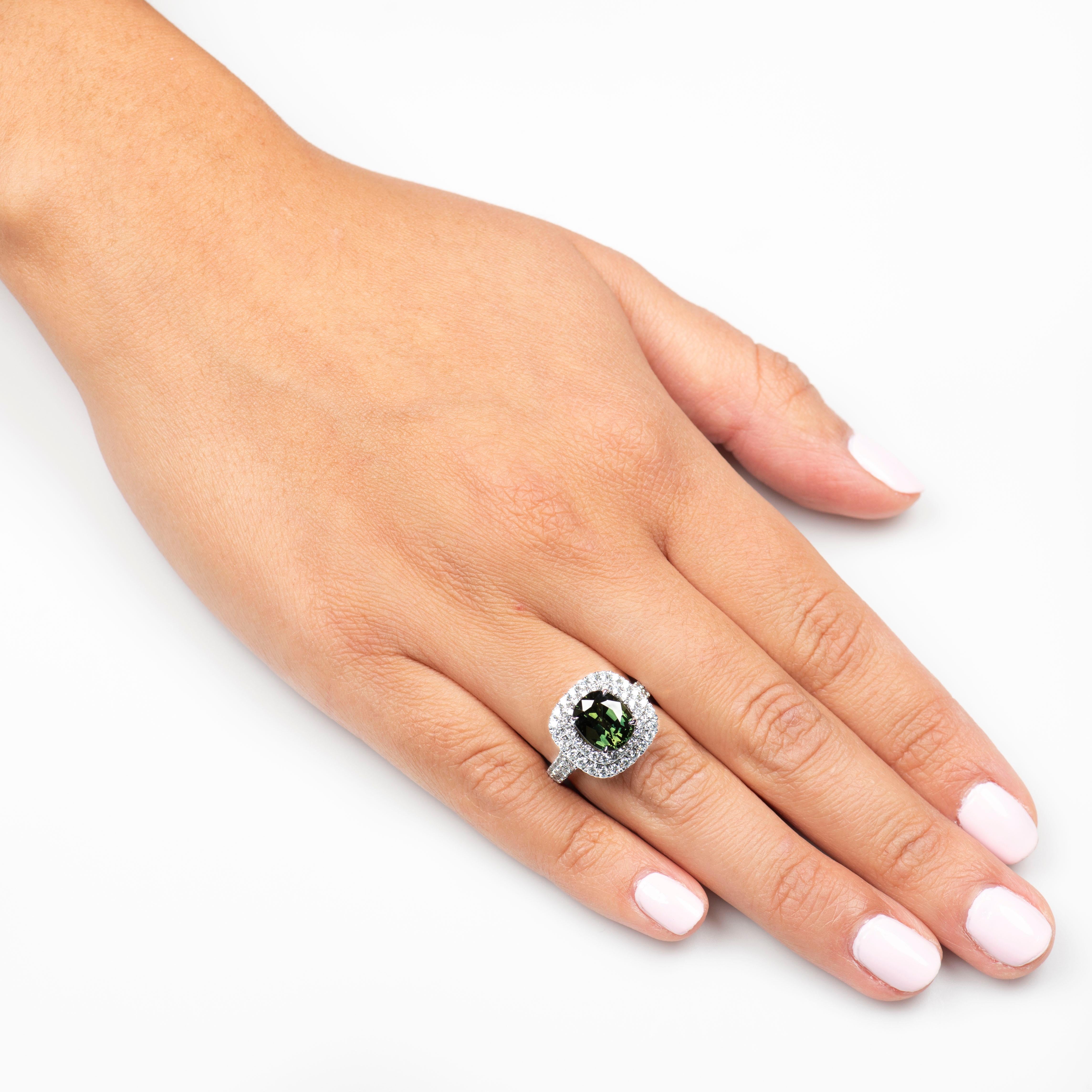 3.12 Carat Green Cushion Cut Sapphire 'GIA Lab Report' in an 18K Diamond Ring In New Condition For Sale In Houston, TX