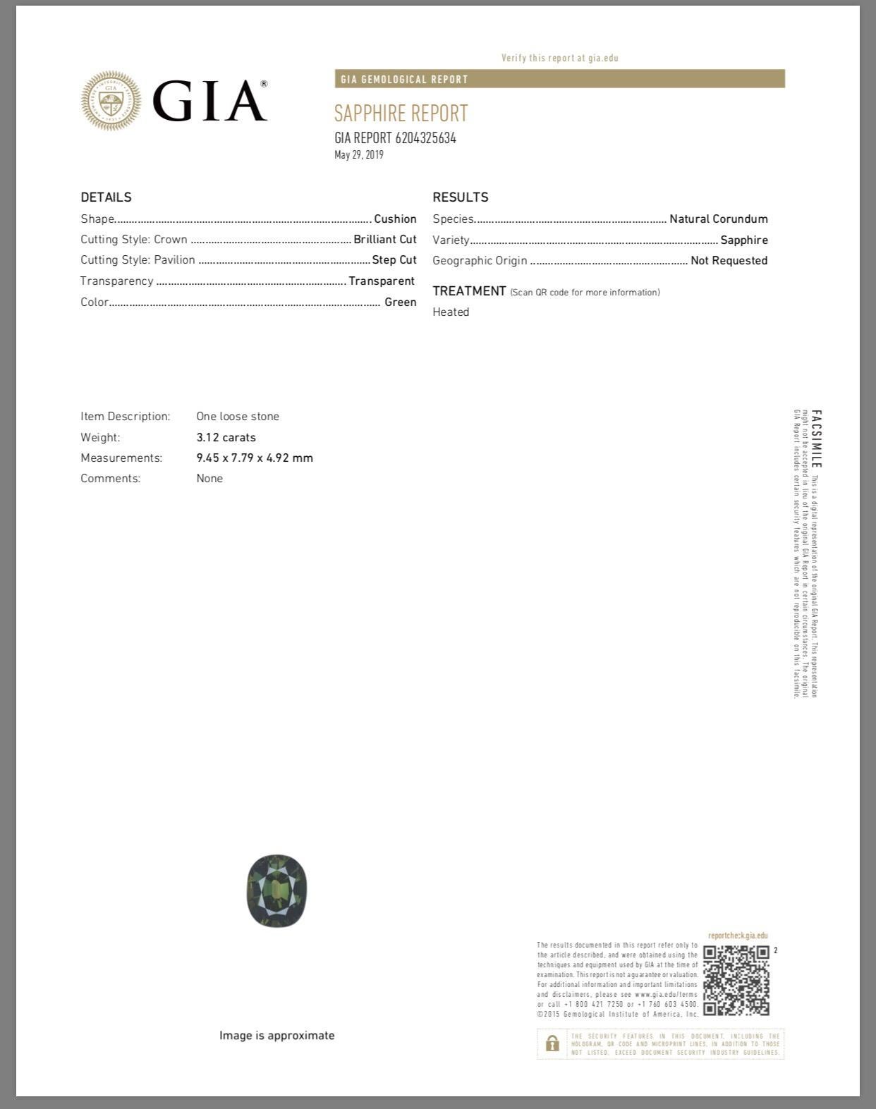 3,12 Karat grüner Saphir im Kissenschliff 'GIA Lab Report' in einem 18K Diamantring im Angebot 1