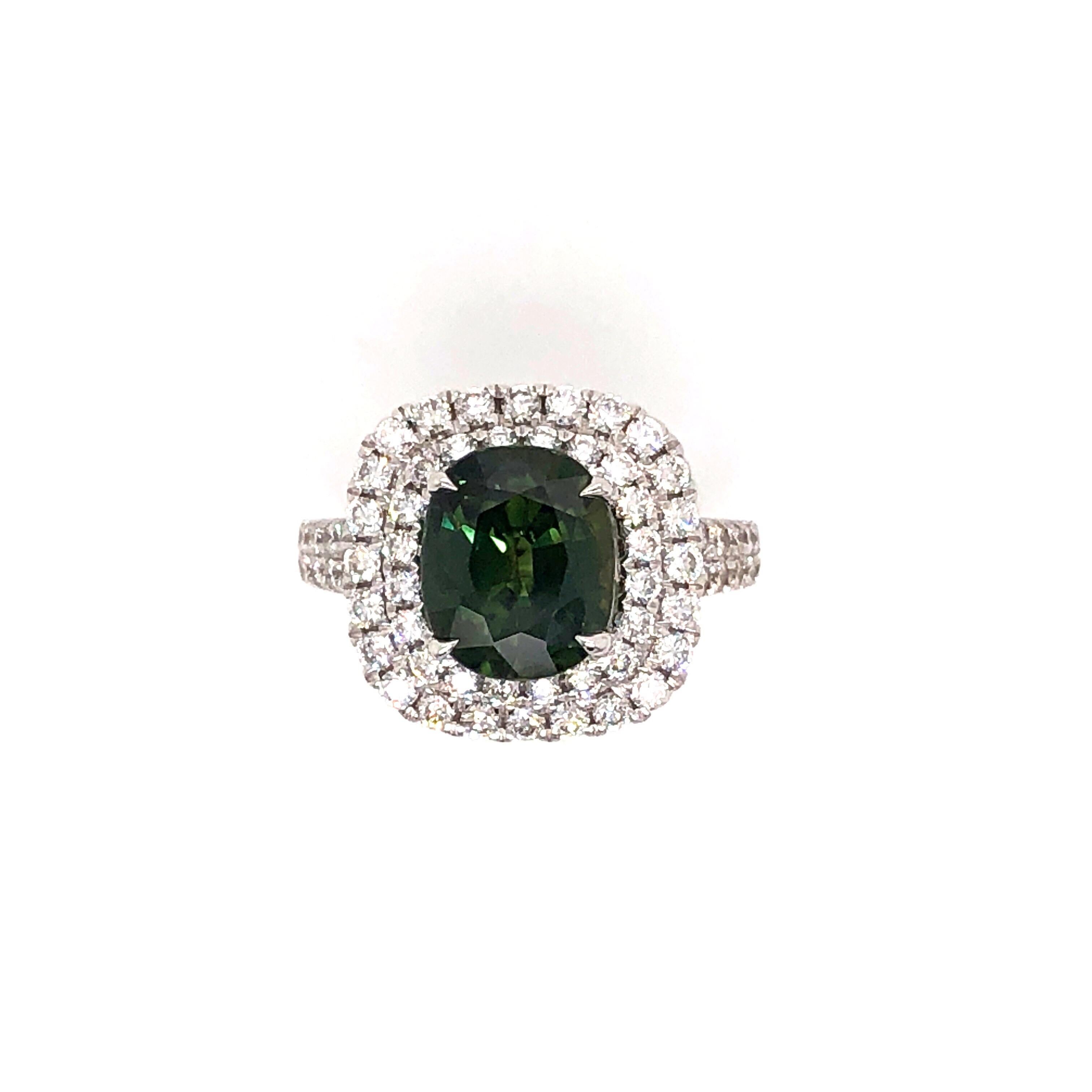 3.12 Carat Green Cushion Cut Sapphire 'GIA Lab Report' in an 18K Diamond Ring For Sale 2