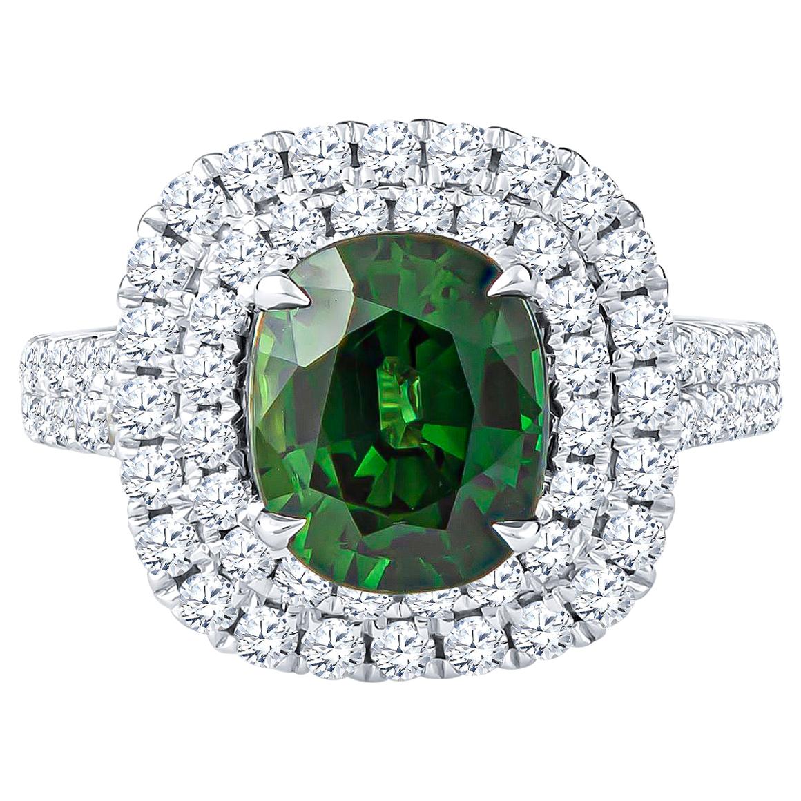 3.12 Carat Green Cushion Cut Sapphire 'GIA Lab Report' in an 18K Diamond Ring For Sale
