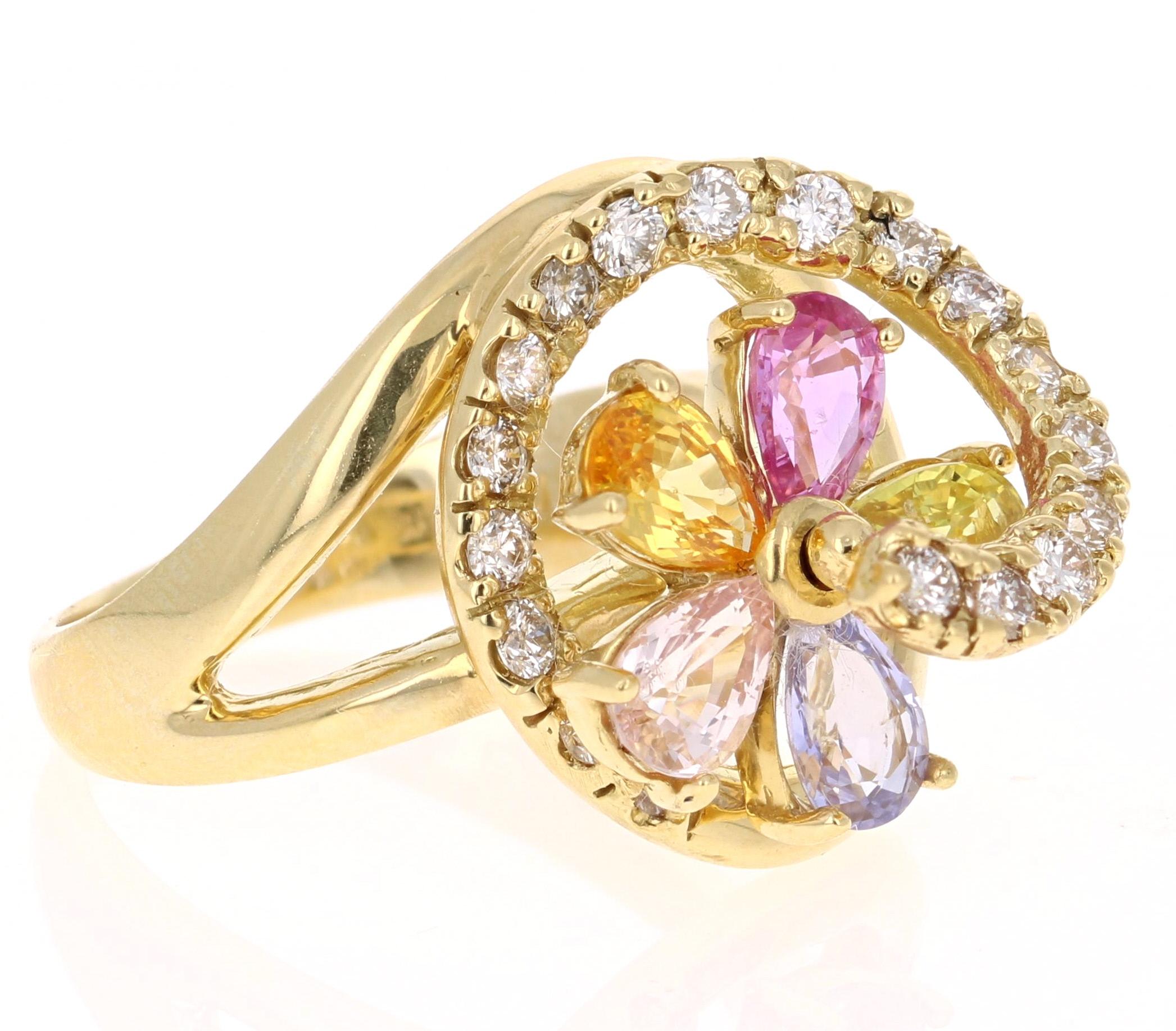 Super gorgeous and uniquely designed 3.12 Carat Multi-Colored Sapphire and Diamond 14K Yellow Gold Cocktail Ring!

This ring has 5 Pear Cut Multi-Colored Sapphires that weigh 2.59 carats.  The Multi-colored Sapphires are set in a flower petal like