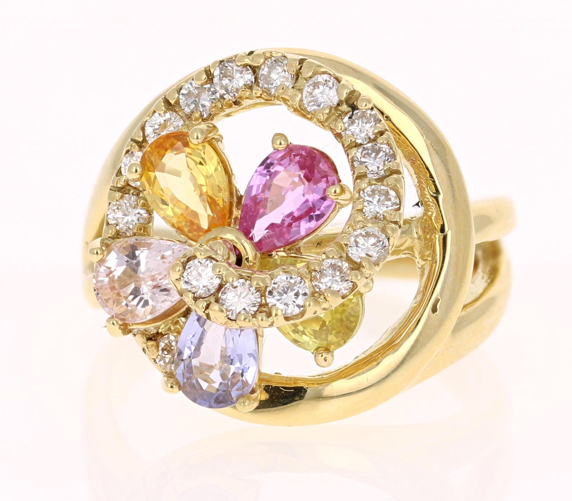 Modern 3.12 Carat Multicolored Sapphire Diamond 18 Karat Yellow Gold Cocktail Ring