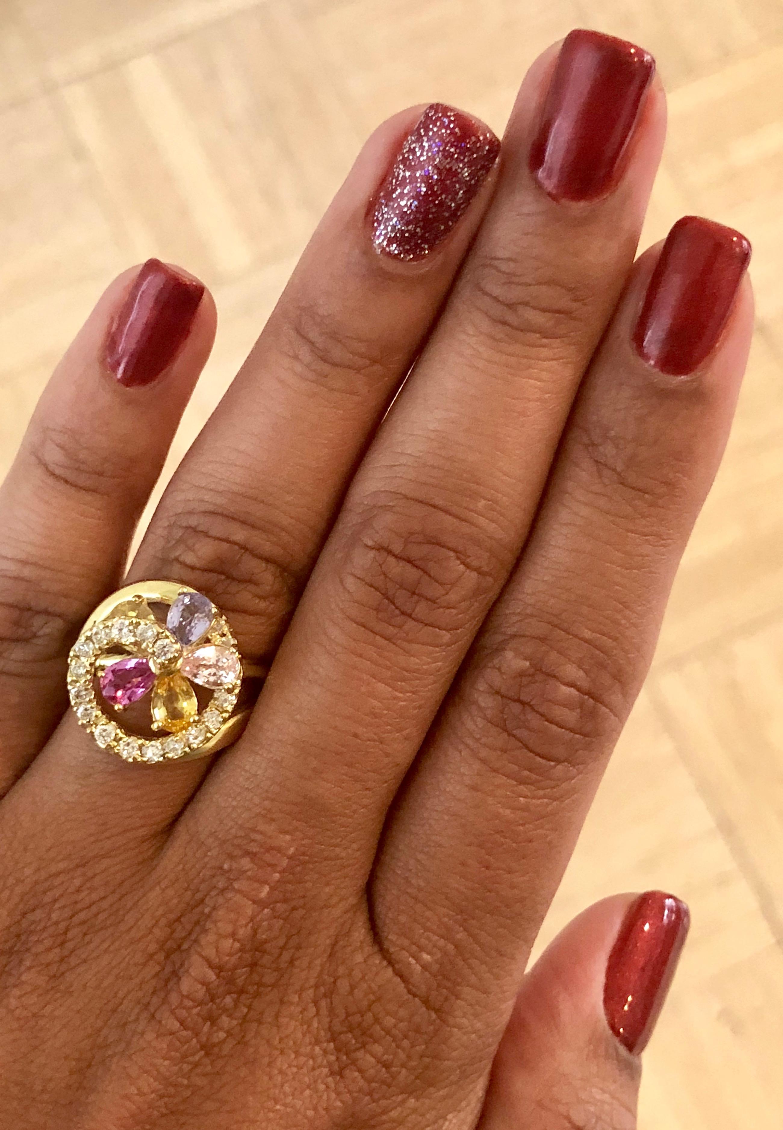 3.12 Carat Multicolored Sapphire Diamond 18 Karat Yellow Gold Cocktail Ring In New Condition In Los Angeles, CA