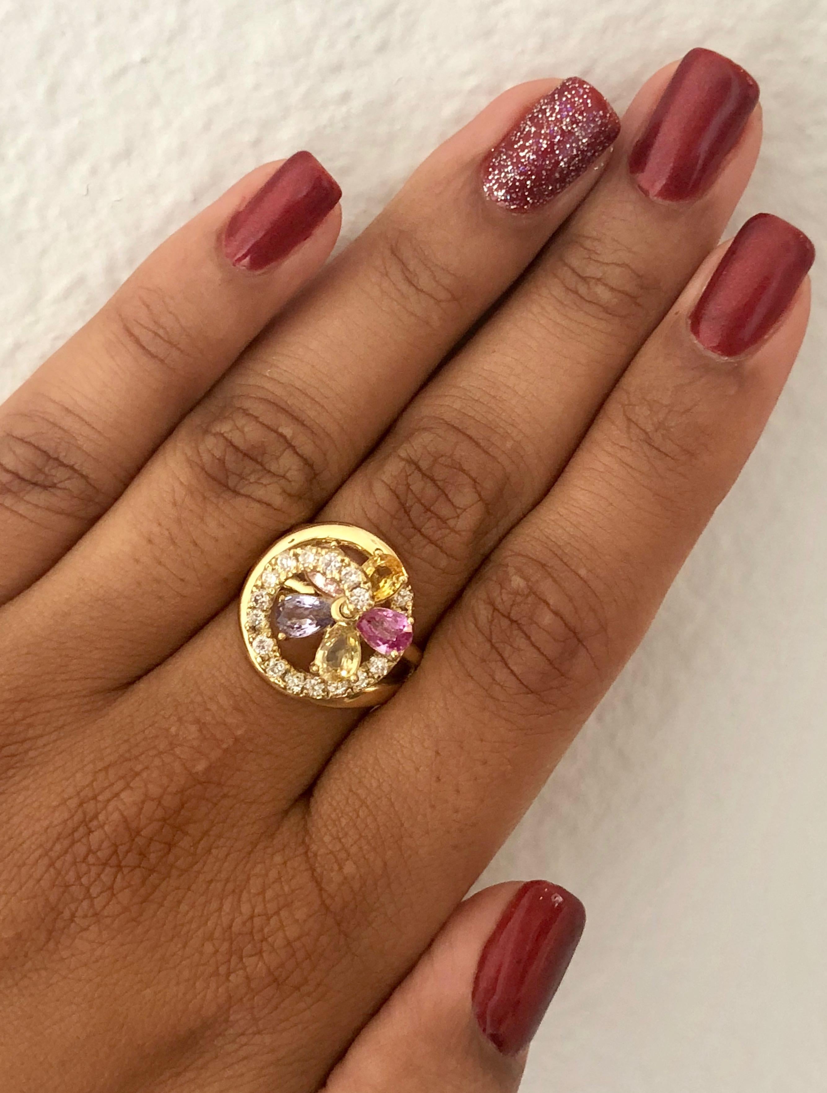 Women's 3.12 Carat Multicolored Sapphire Diamond 18 Karat Yellow Gold Cocktail Ring