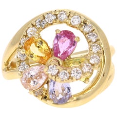 3.12 Carat Multicolored Sapphire Diamond 18 Karat Yellow Gold Cocktail Ring