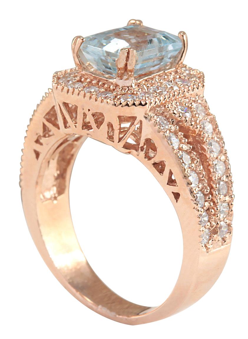 Emerald Cut Aquamarine Diamond Ring In 14 Karat Rose Gold  For Sale
