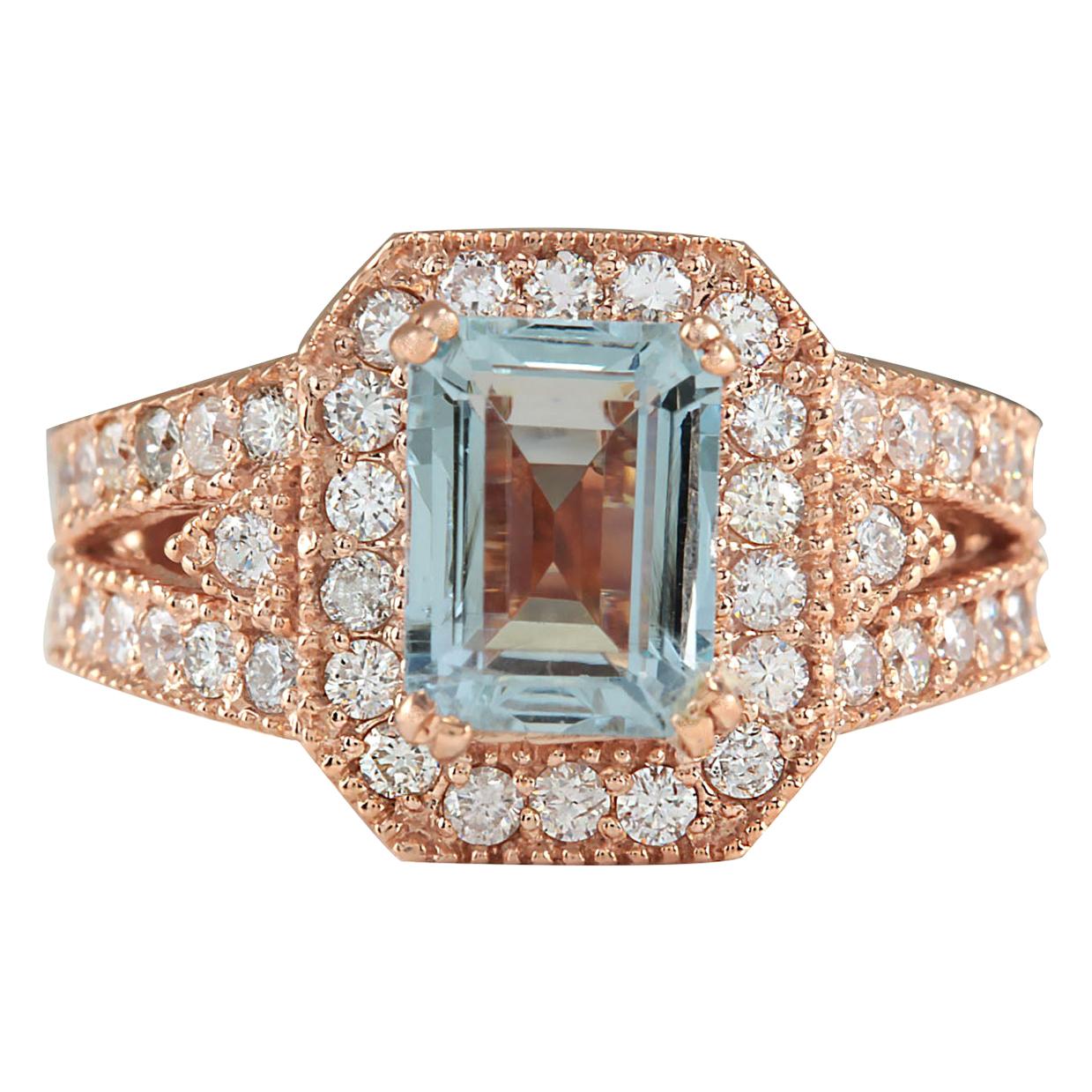 Aquamarine Diamond Ring In 14 Karat Rose Gold  For Sale