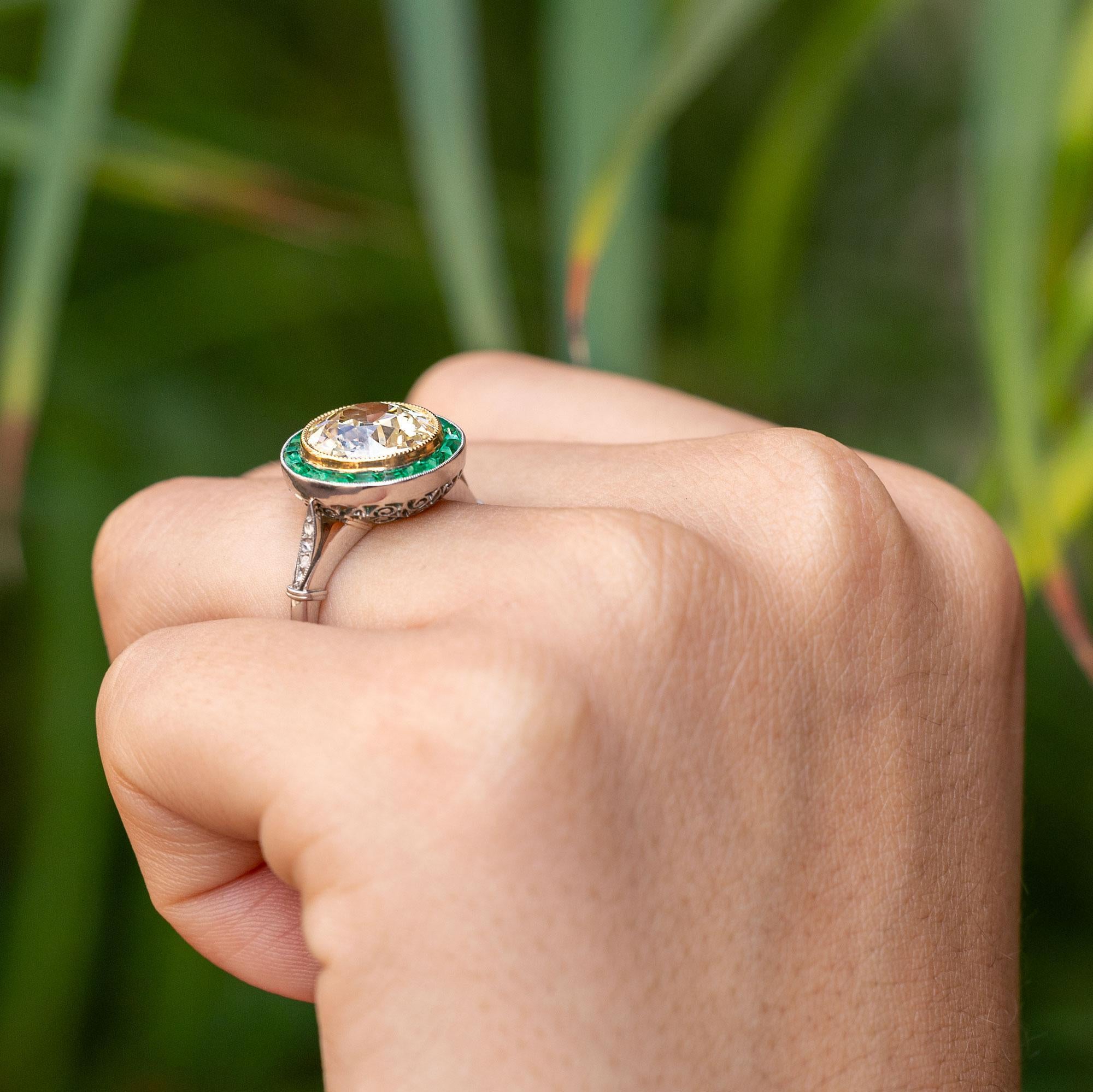 Old European Cut 3.12 Carat Old European Diamond and Emerald Halo Target Ring