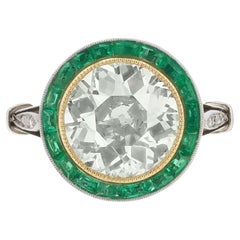 3.12 Carat Old European Diamond and Emerald Halo Target Ring