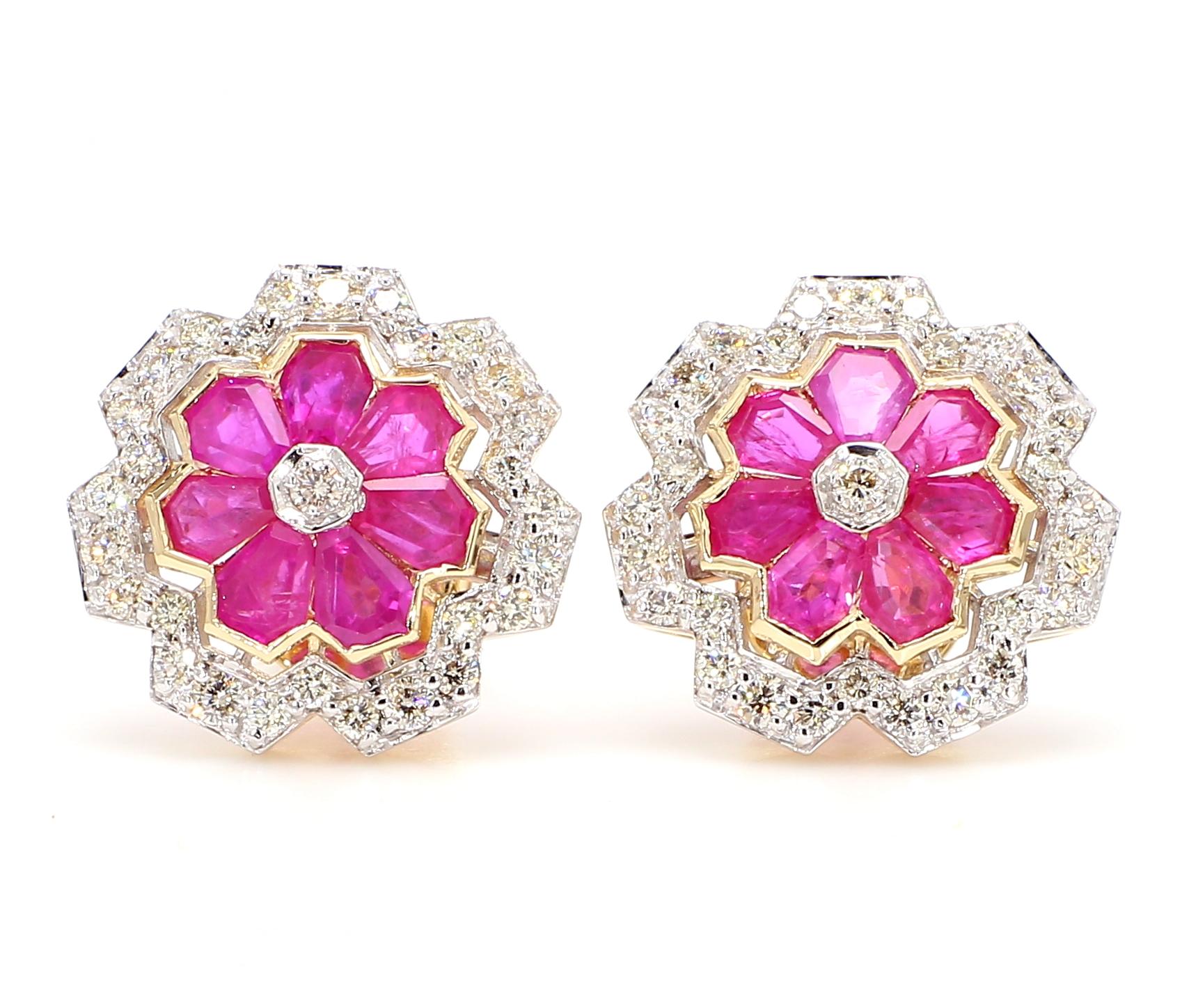 These exquisite earrings boast an elegant and captivating design that effortlessly combines the allure of rubies and the brilliance of round diamonds, all set in lustrous 18K yellow gold. Crafted in a unique geometric flower shape, each earring