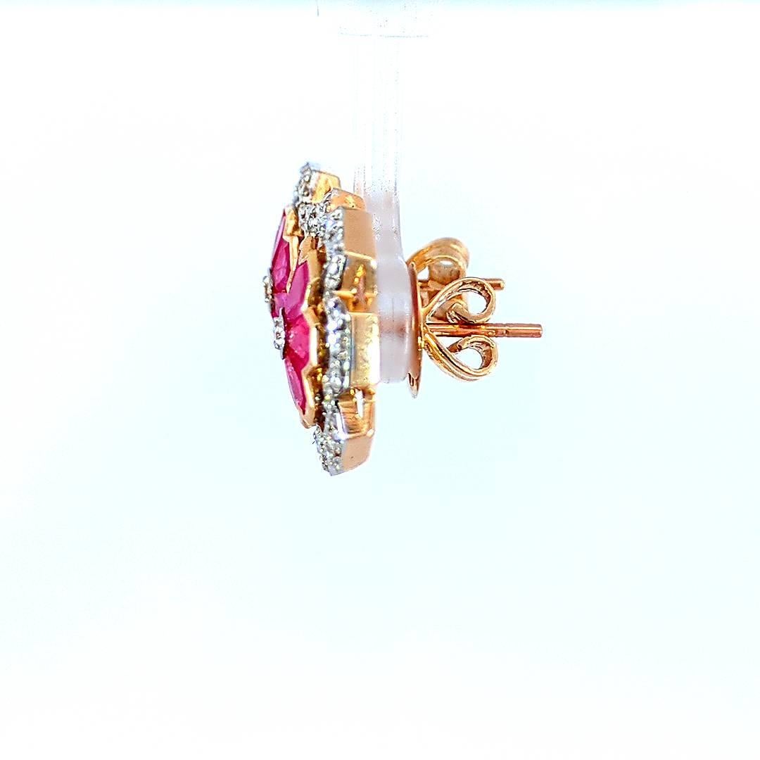Modern 3.12 Carat Ruby and 1.15 Carat Diamond Geometric Flower 18K Gold Earring