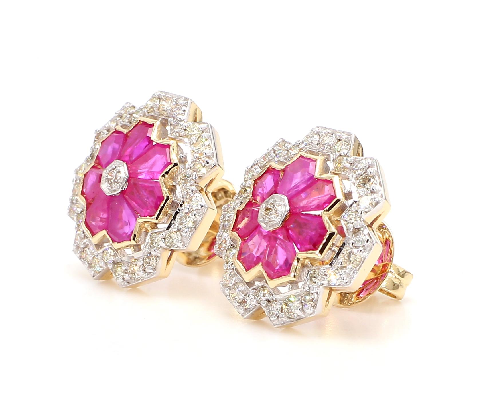 Modern 3.12 Carat Ruby and 1.15 Carat Diamond Geometric Flower 18K Gold Earring For Sale
