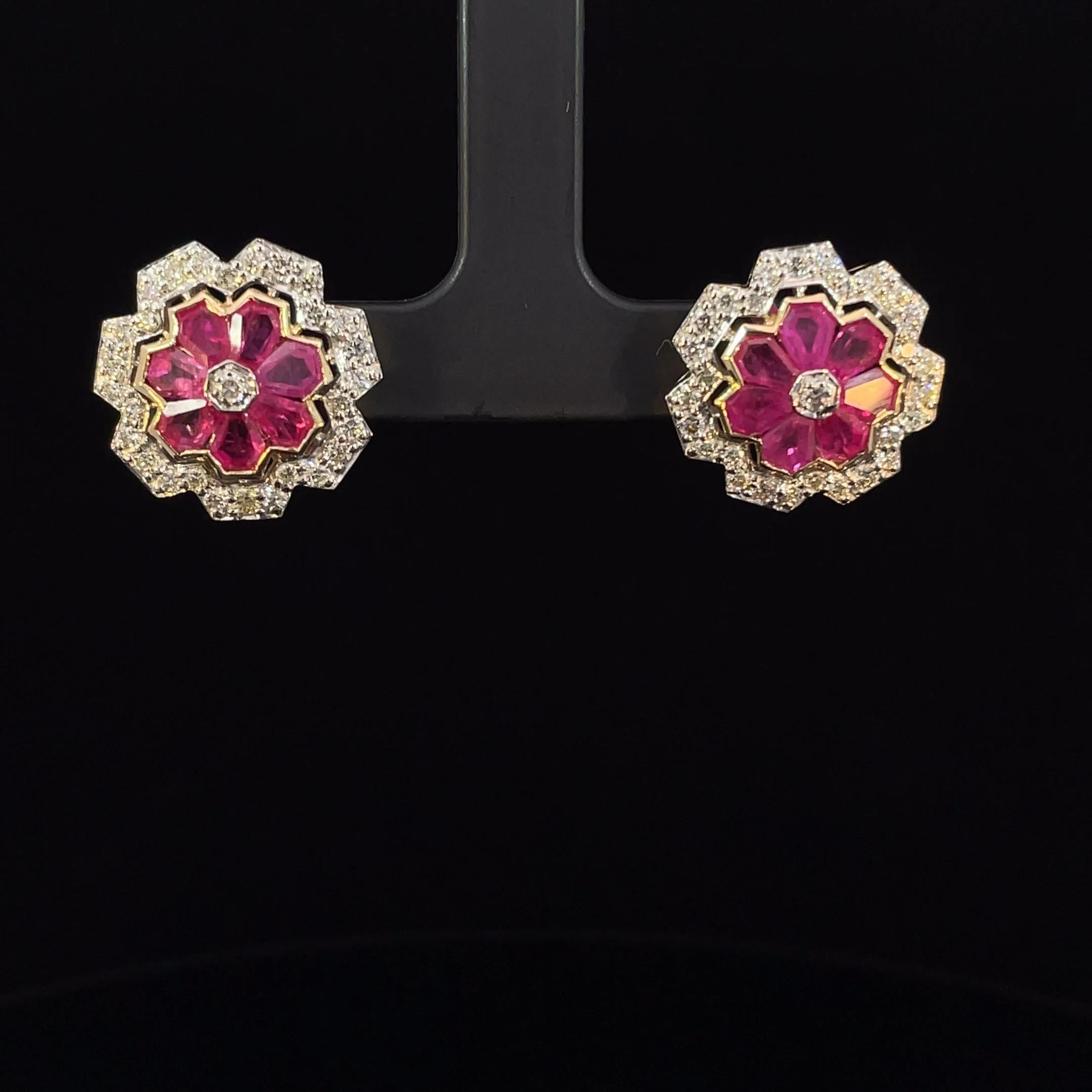 Round Cut 3.12 Carat Ruby and 1.15 Carat Diamond Geometric Flower 18K Gold Earring