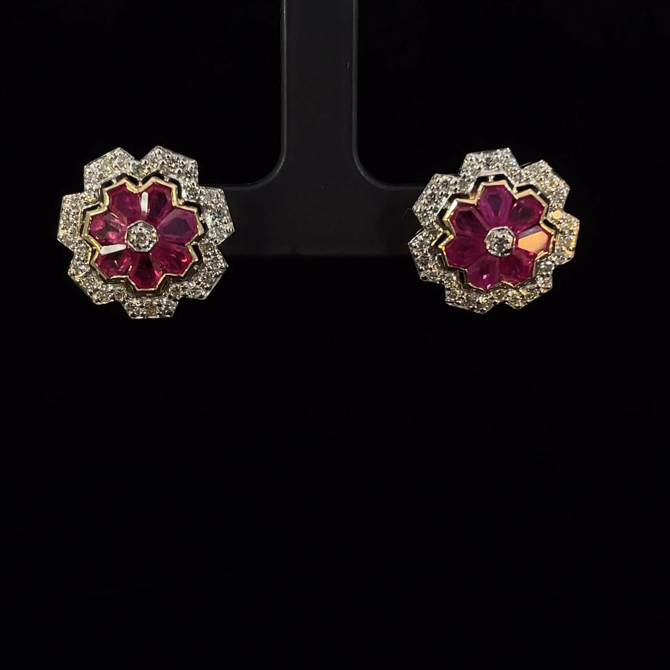 Women's 3.12 Carat Ruby and 1.15 Carat Diamond Geometric Flower 18K Gold Earring