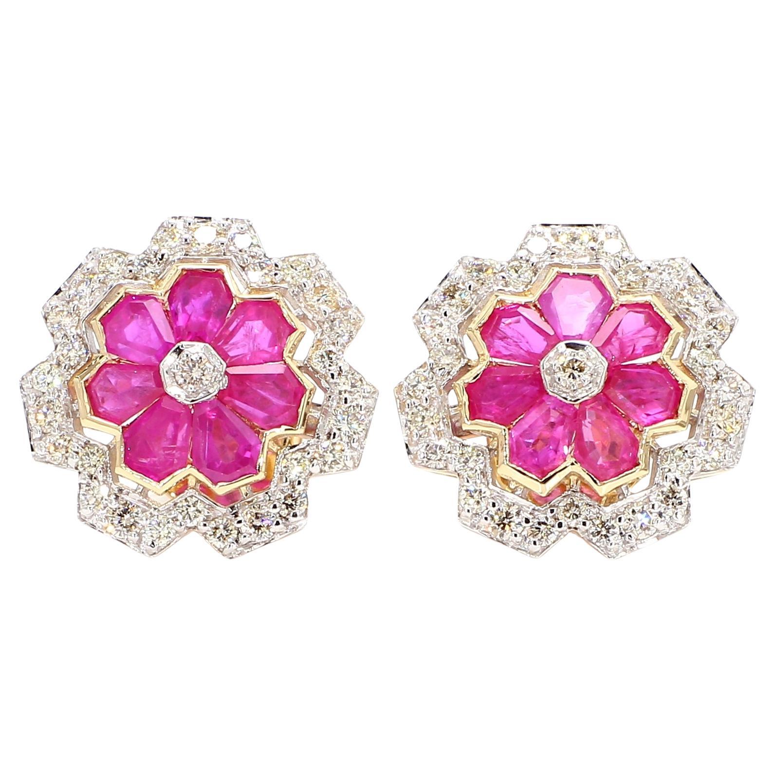 3.12 Carat Ruby and 1.15 Carat Diamond Geometric Flower 18K Gold Earring For Sale