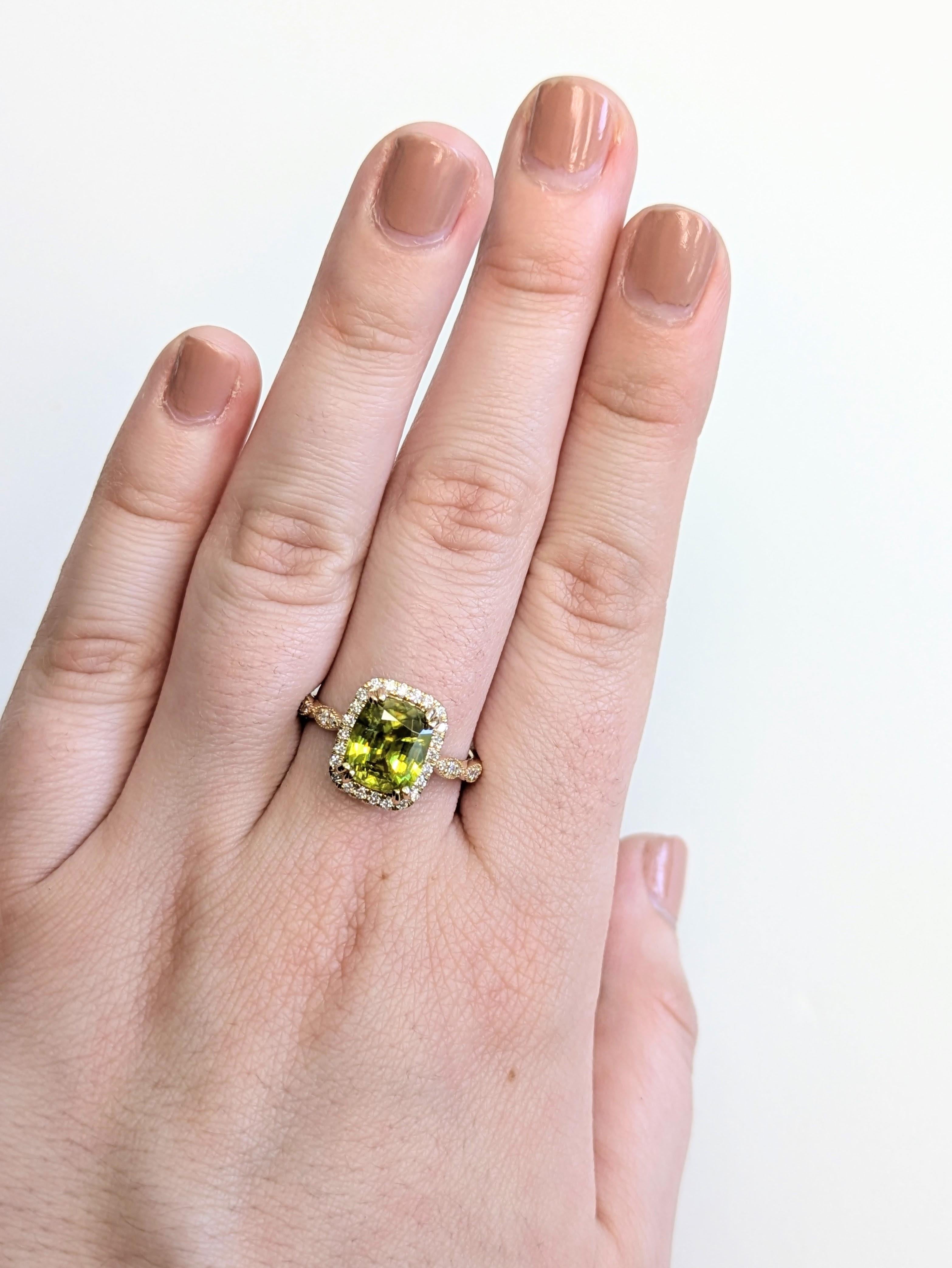A brilliant fusion of color and craftsmanship, this 3.12 carat cushion-cut sphene ring features earth-mined diamonds in a sleek 14k gold setting. A true statement of luxury and individuality.

**We offer complimentary resizing, message us the