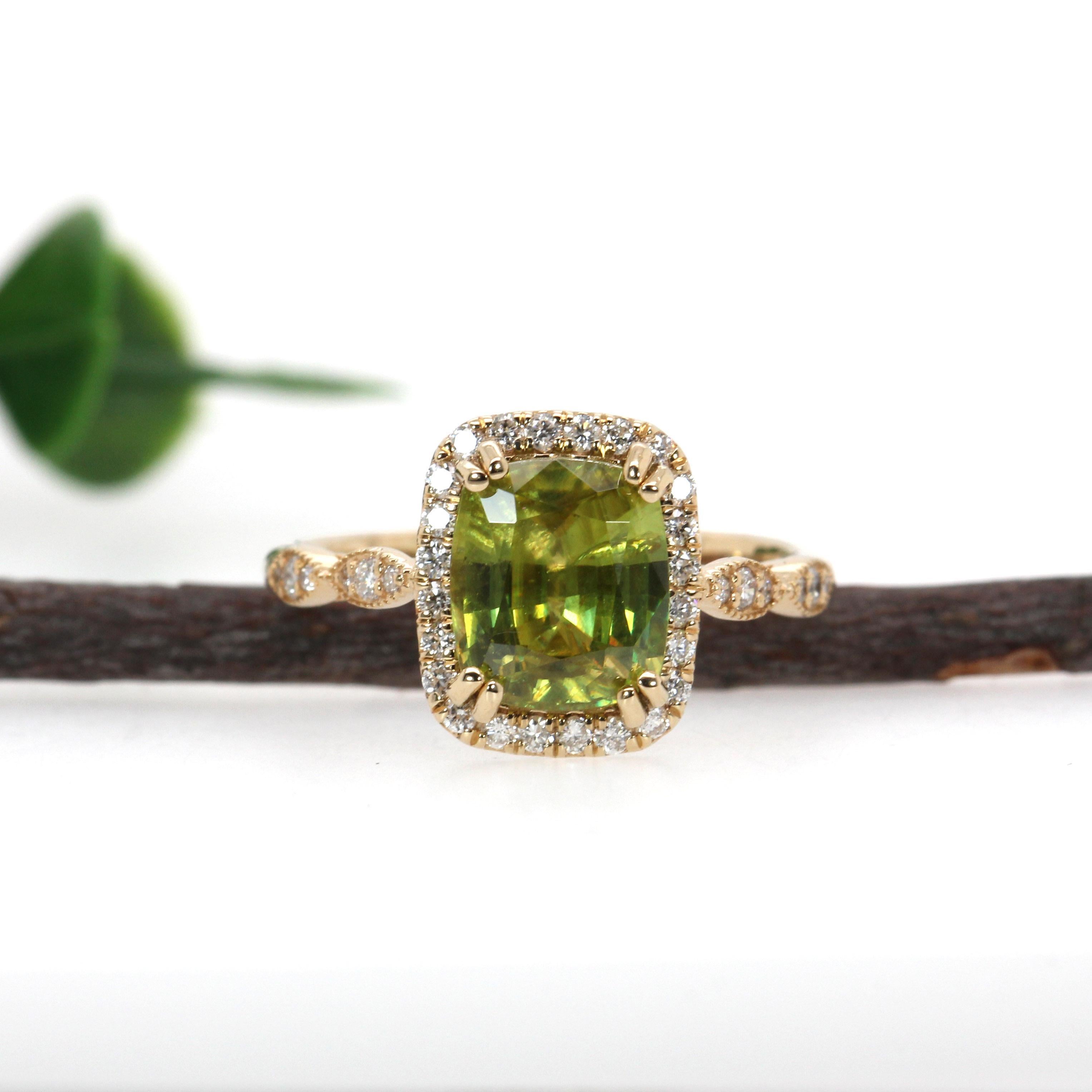 Art Deco 3.12 Carat Sphene Ring with Natural Diamond Accents in Solid 14K Gold  CU 9x7mm For Sale