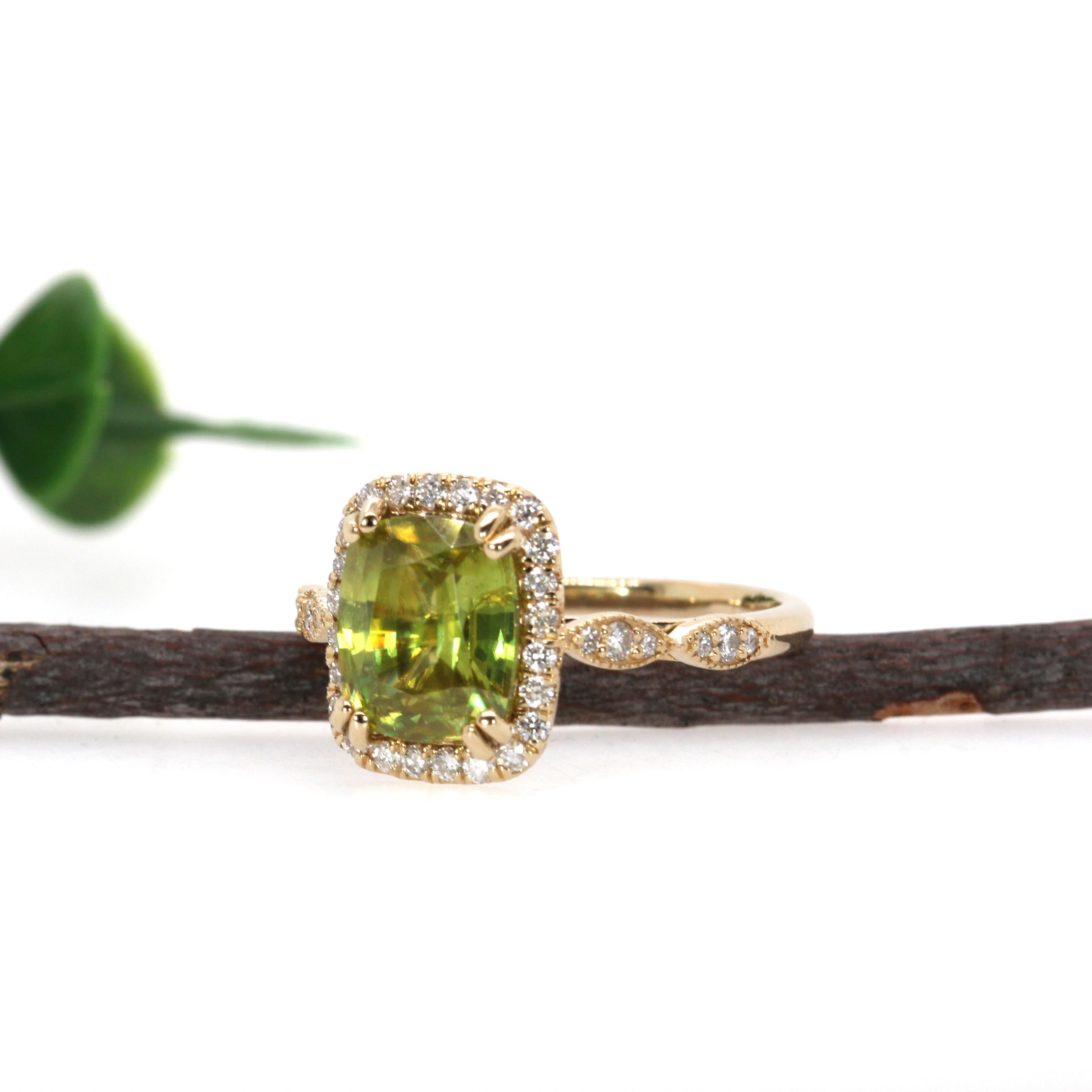 Cushion Cut 3.12 Carat Sphene Ring with Natural Diamond Accents in Solid 14K Gold  CU 9x7mm For Sale