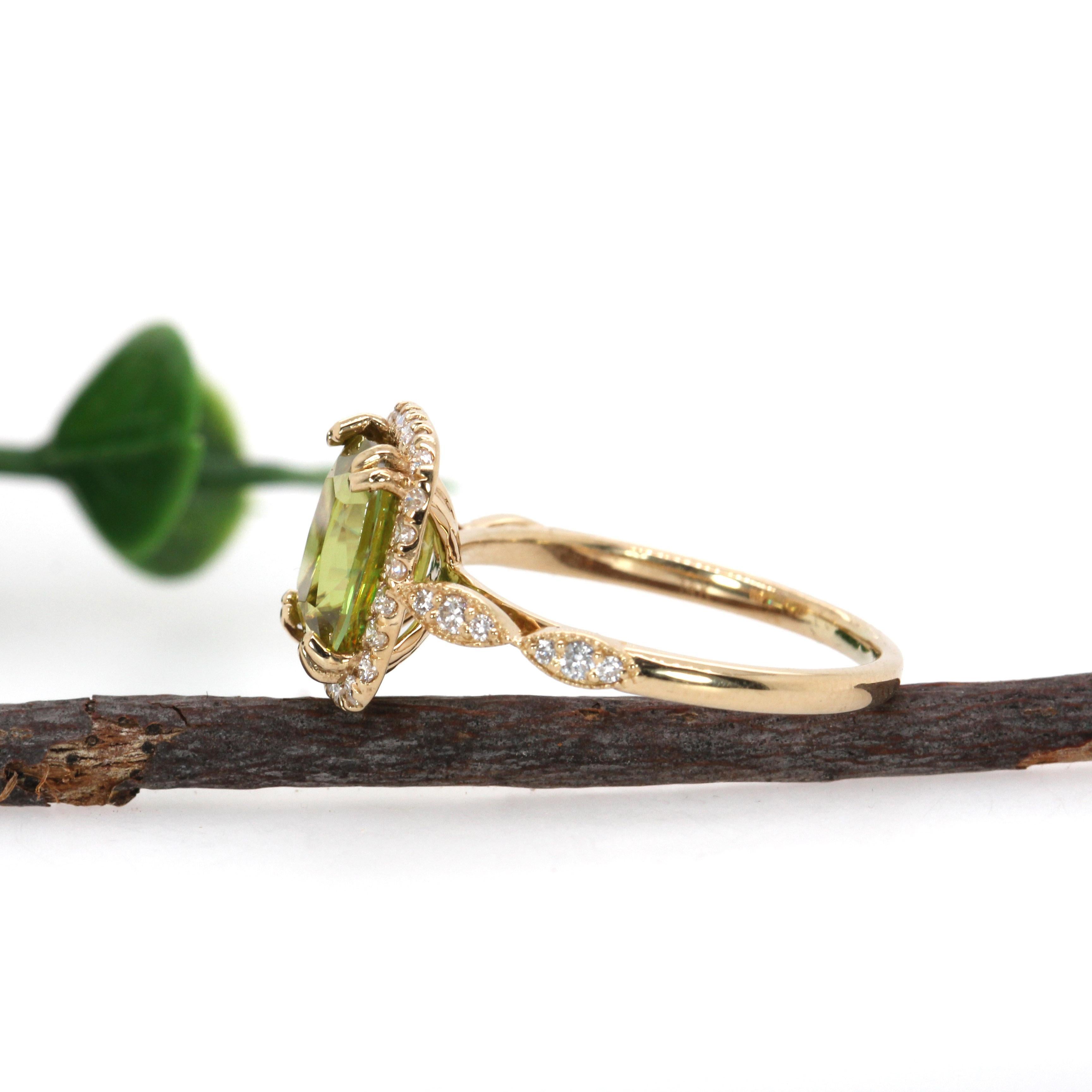 Women's 3.12 Carat Sphene Ring with Natural Diamond Accents in Solid 14K Gold  CU 9x7mm For Sale