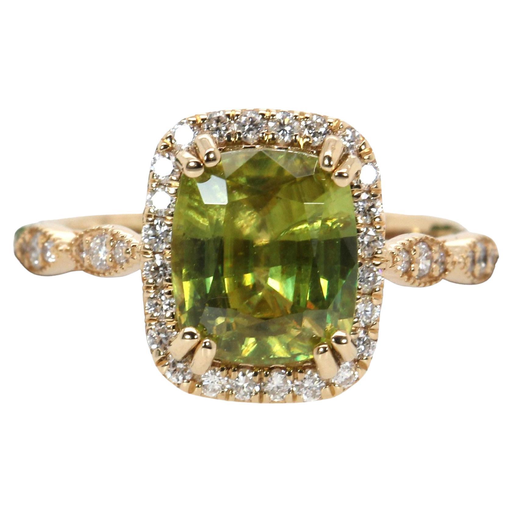 3.12 Carat Sphene Ring with Natural Diamond Accents in Solid 14K Gold  CU 9x7mm