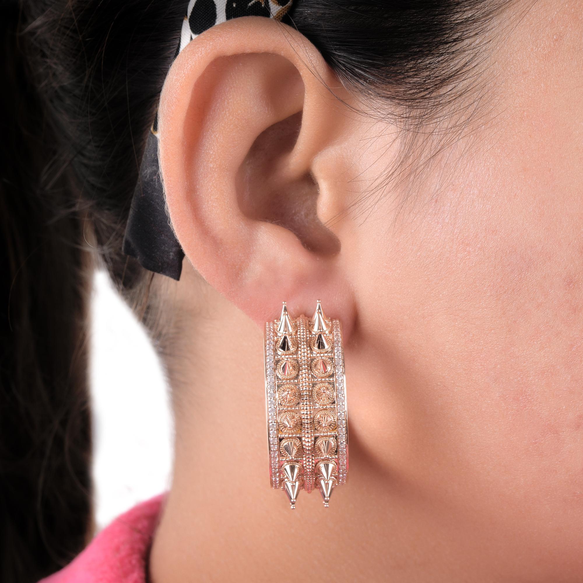 Round Cut Natural 3.12 Carat Diamond Pave Spike Hoop Earrings 18 Karat Rose Gold Jewelry For Sale