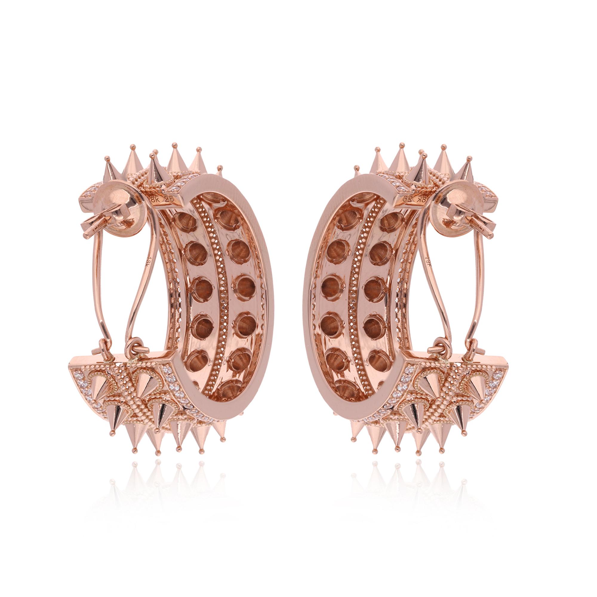 Women's Natural 3.12 Carat Diamond Pave Spike Hoop Earrings 18 Karat Rose Gold Jewelry For Sale