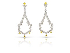 3.12 Carat Yellow Diamond & White Diamond Open-Work Dangle Earrings in 18K Gold.