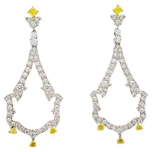 3.12 Carat Yellow Diamond & White Diamond Open-Work Dangle Earrings in 18K Gold. For Sale
