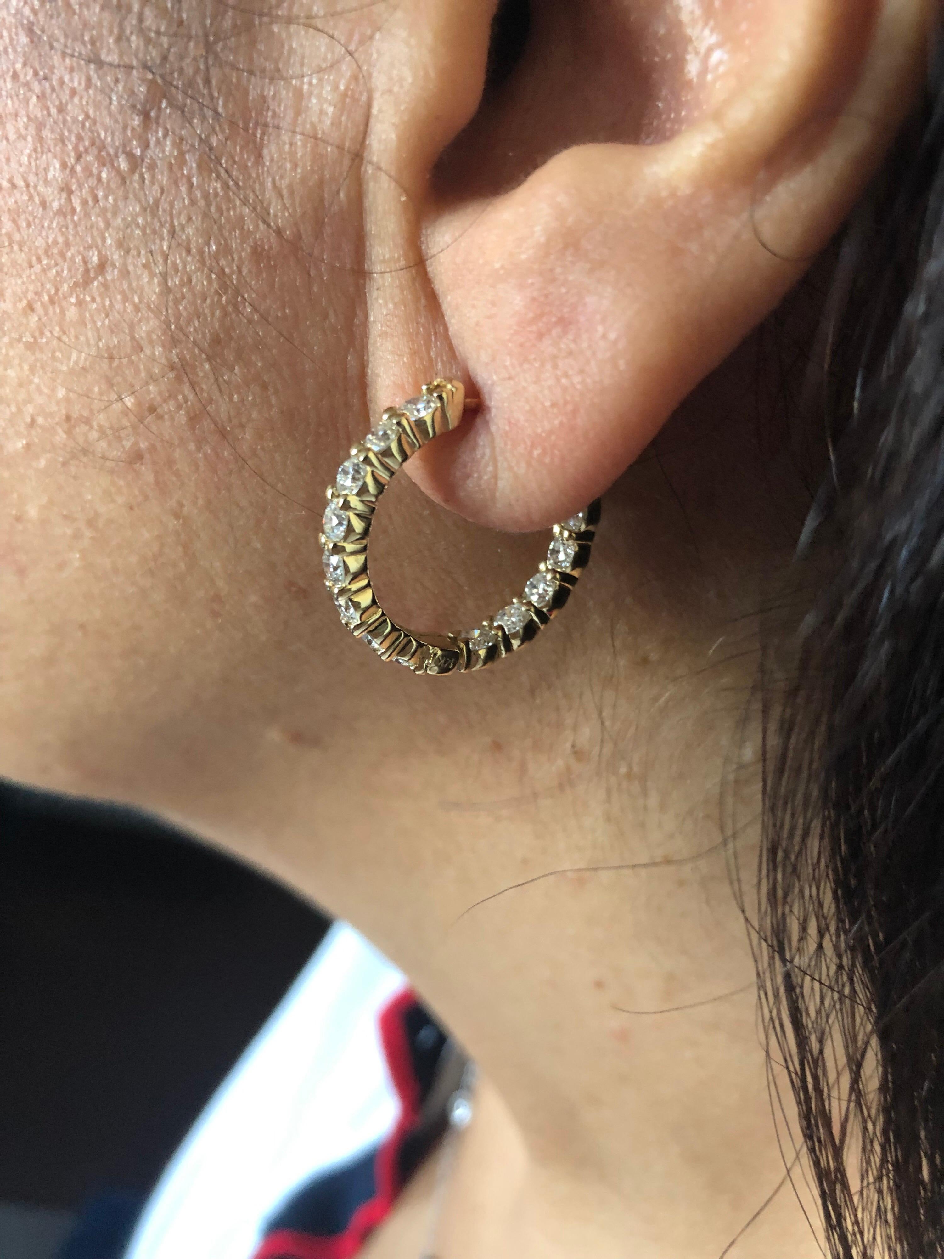 Round Cut 3.12 Carat Yellow Gold Diamond Hoop Earrings For Sale