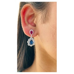 3.12 Carats Ruby Blue Sapphire with Diamond Dangle Earrings in 14K White Gold