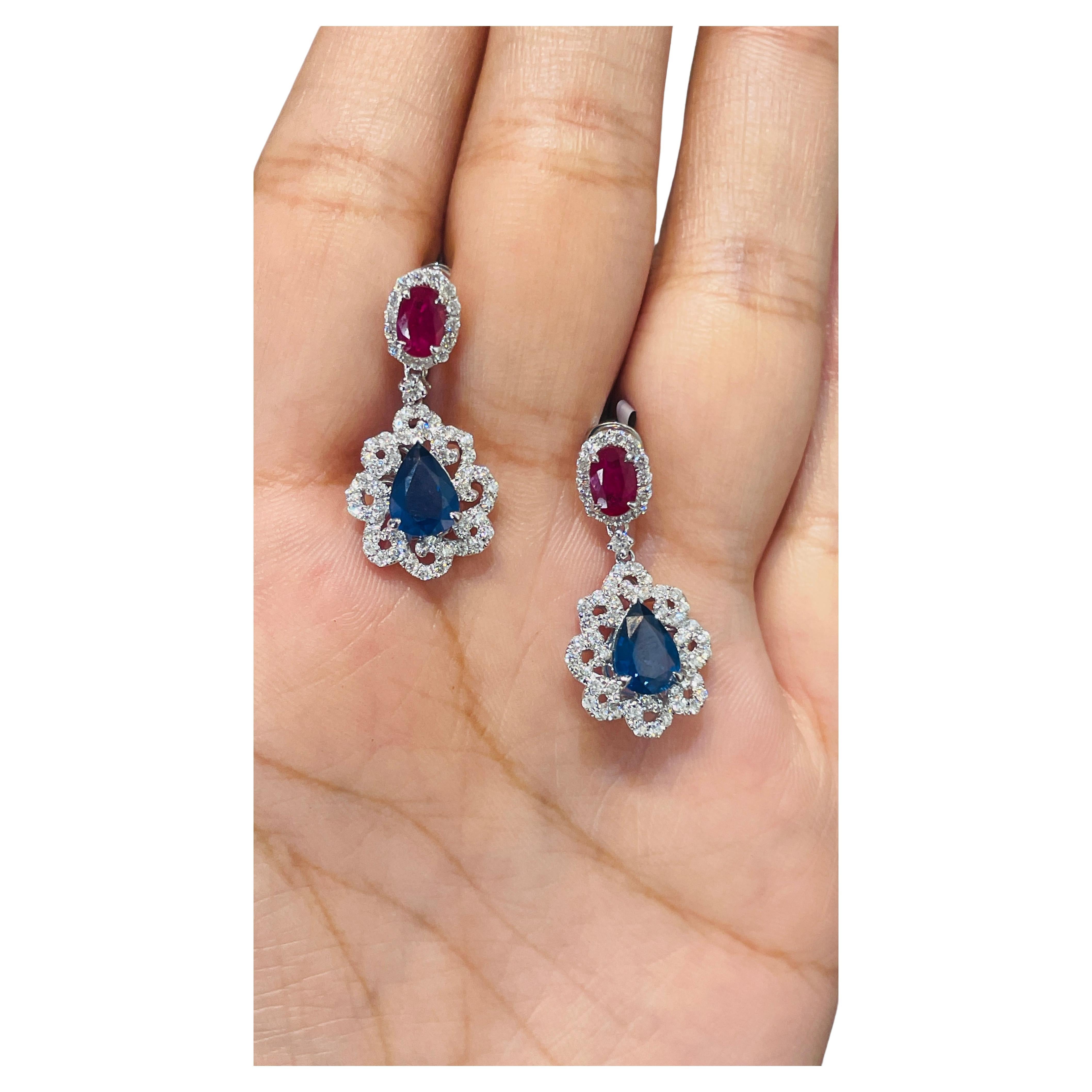 3.12 Carats Ruby Blue Sapphire with Diamond Dangle Earrings in 14K White Gold