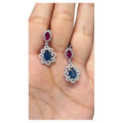 Pendientes Colgantes de Zafiro Azul Rubí de 3,12 Quilates con Diamante en Oro Blanco de 14 K