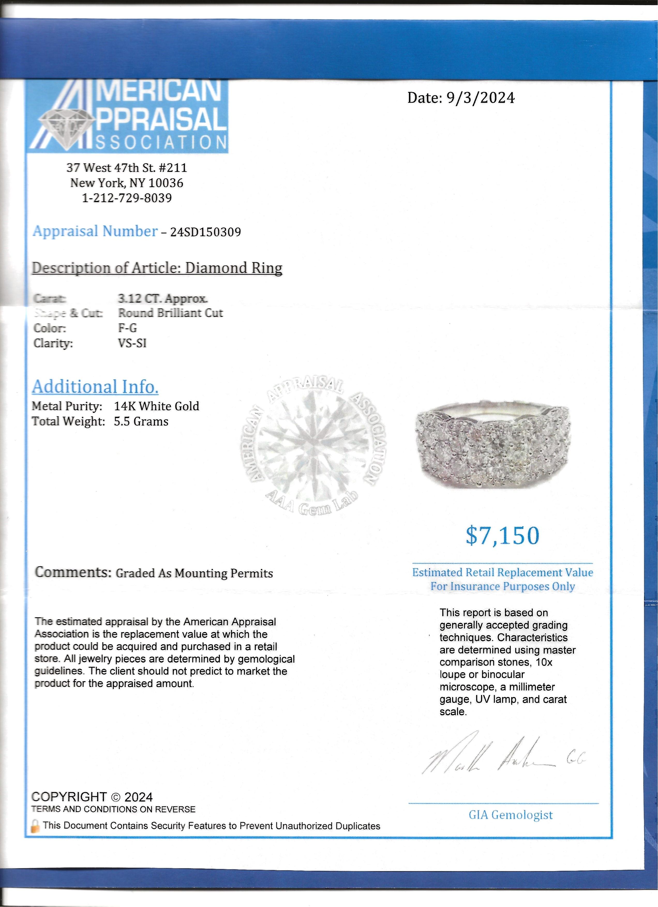 Bague à plusieurs rangées de diamants en or blanc 14 carats de 3,12 carats au total en vente 6