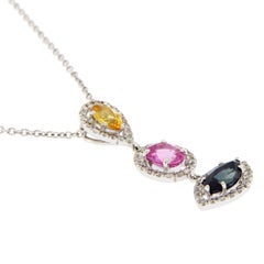 3.12 Ct Natural Multi Stones & 0.55 Ct Diamonds 14k Gold Drop Necklace